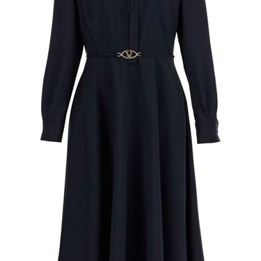 Valentino Garavani Elegant Navy Blue Wool Dress With Long Sleeves And Golden Belt Women