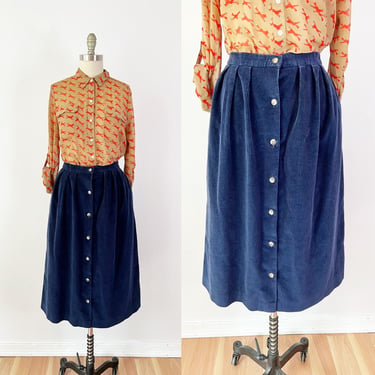 SIZE M Vintage Button Front Blue Skirt - Midi Corduroy A Line Dark Academia Skirt - Preppy Mid Calf Blue Skirt Pockets 