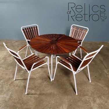 Four Daneline BKS Garden Stacking Chairs & Folding Sunburst Table Danish Teak Mid Century Vintage Retro MCM 