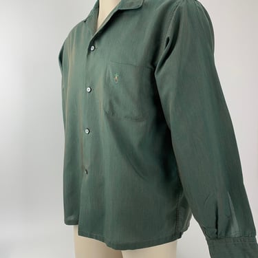 1960's-70's Iridescent Shirt - PENNEYS TOWNCRAFT - Poly/Cotton Blend - Embroidery Crest Detail - Men's Size Medium 