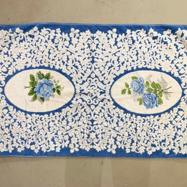 Vintage Cotton Bath Towel Cannon Royal Family Bathroom 1960s Blue Roses Mid-Century Retro Floral Flowers White Terry 