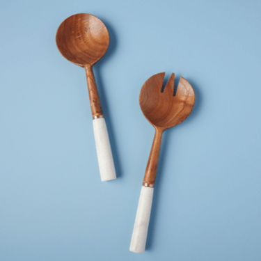 White Marble & Wood with Gold Band Serving Set