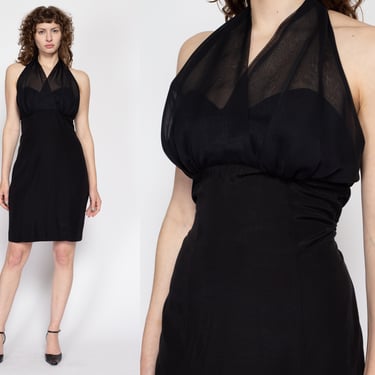Large 90s Chiffon Halter Little Black Dress | Vintage Sleeveless Sheath Mini Party Dress 