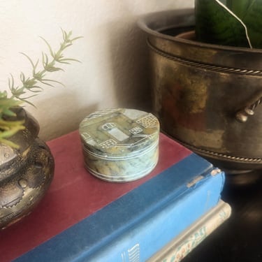 Handcarved Round Lidded Stone Box with House Facade 