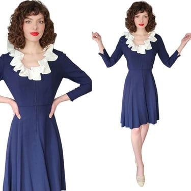 Vintage 60s Navy Blue Dress White Ruffled Collar Marshall Field & Co 