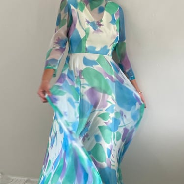 70s silk dress / vintage sheer silk chiffon printed watercolor floral overlay ethereal pastel long sleeve maxi dress | Small 