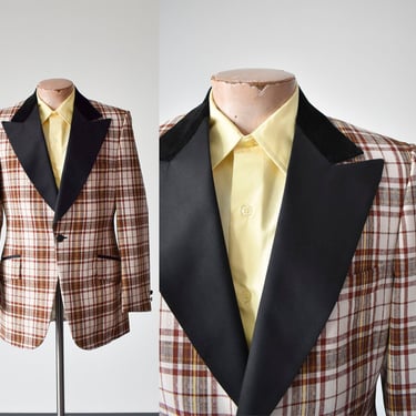 1970s Menswear Formal Brown Plaid Suit Jacket 