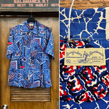 Vintage 1950’s Size XL “Surfriders” Tiki Cotton Pineapple Hawaiian Shirt, 50’s Loop Collar, Vintage Clothing 
