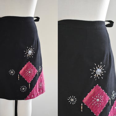 1990s Black Wrap Mini Skirt with Embellishments 