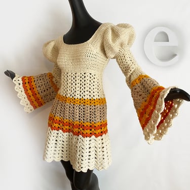 MOD Crocheted Hippie Dress! | Vintage 1970s Boho Festival | Huge Poet Bell Sleeves a la 