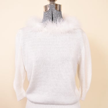 Swan Top — USA-made 3/4-sleeve white knit feather-collar top by Jane Adams Knitwear, M