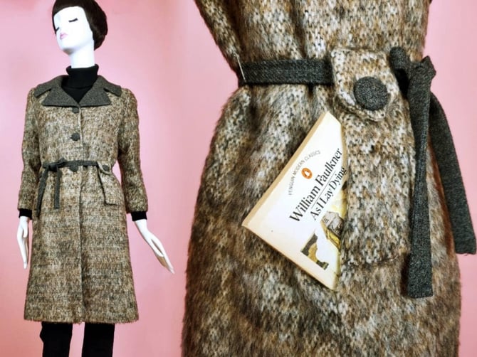 1960s/70s tweed coat. Fibrous wool. Lots of texture. Sepia sable brown. Trench. By Winkelman. (Size S) 