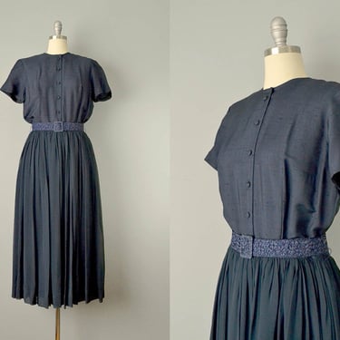 50s Dress // 1950’s Navy Blue Silk Chiffon and Shantung Dress // M-L 