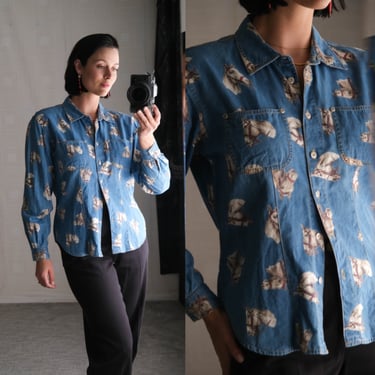 Vintage 90s Liz Claiborne Denim Horse Bust Patterned Long Sleeve Button Up Shirt | Western, Bohemian | 1990s Designer Womens Jean Shirt 
