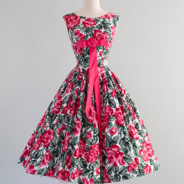 Spectacular 1950's Polished Cotton Rose Print Party Dress / Small