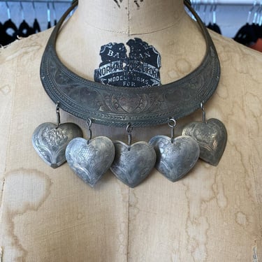 vintage 1980s etched silver heart choker, ethnic jewelry, bohemian, 80s necklace 