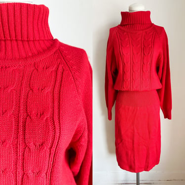 Vintage 1990s Red Turtleneck Sweater Dress / L 