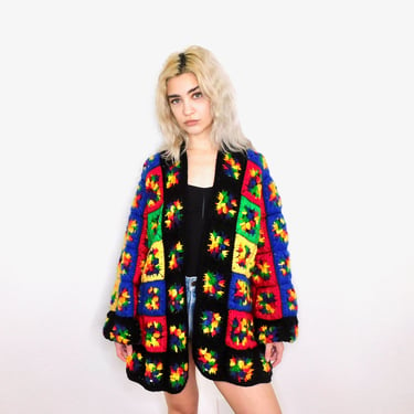 Afghan Rainbow Cardigan // vintage sweater hippie dress hippy tunic dress blouse 70s 1970s 1970's 70's // O/S 