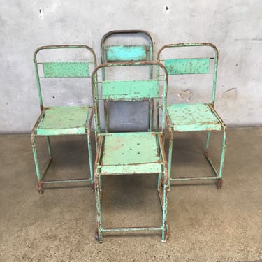 Set of Four Vintage Belgian Industrial Metal Stacking Chairs