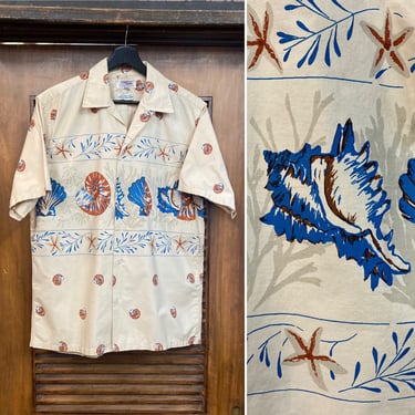 Vintage 1950’s “Duke Kahanamoku” Seashell Border Cotton Hawaiian Shirt, 50’s Loop Collar Shirt, Vintage Clothing 
