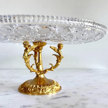 Antique Baroque Cut Crystal Pedestal Cake Stand with Ormolu Three Cherub Base Gilt French Figural Vintage Baccarat Style DeKra Wedding 