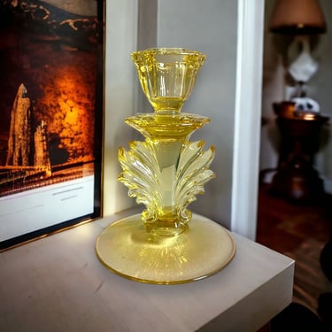 Vintage Fostoria Glass Baroque Candle Stick Topaz Gold Tone Elegant Glass 