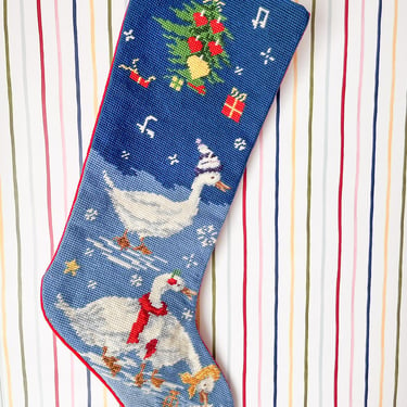 Vintage Embroidered Christmas Stocking by Steinwinder Enterprises. Blue Vintage Stocking Depicting Three Geese in Snow on Pond. 