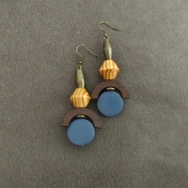 Carved wooden earrings, ethnic earrings, tribal earrings, natural earrings, Afrocentric earrings, African earrings, boho earrings, blue 