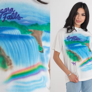 Niagara Falls Shirt 90s Airbrush T-Shirt Rainbow Waterfall Graphic Tee Tourist Travel USA Canada TShirt Single Stitch Vintage 1990s Large L 
