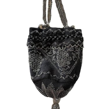 Vintage 20s Black Evening Bag Steel Bead + Crochet Drawstring Purse Tasseled 