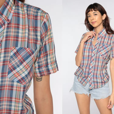 Multicolored Plaid Shirt 80s Button Up Blouse Blue Red Checkered Print Short Sleeve Plaid Top 1980s Vintage Small S 
