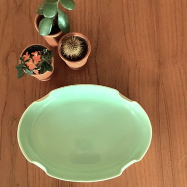 vintage low planter dish scallop border - jadeite green cold paint - ribbed milkglass bottom 
