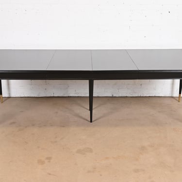 John Widdicomb Mid-Century Modern Hollywood Regency Black Lacquer and Brass Extension Dining Table, Newly Refinished