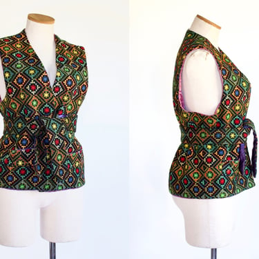 1950s Belted Embroidered Wool Ethnic Vest - Vintage 50s Boxy Fit Sleeveless Top - Medium 