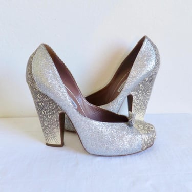 Tabitha Simmons Size 40 9.5 1940's Style Silver Glitter and Lizard Skin Platform Heels Thick Heel 40's Style Pumps All Leather Made in Italy 