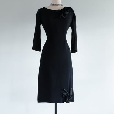 Classic 1950's Little Black Cocktail Dress With Rosettes By Jack Stern / M