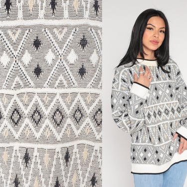 90s Geometric Sweater Black White DIAMOND Print Jacquard Cotton Knit Jumper Statement Pattern 1990s Bohemian Vintage Pullover Large xl 