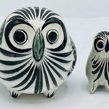 Vintage Pair of (2)  Hand Painted Decorative Owl Birds from Mexico- Tonala Pottery- Chip Free 