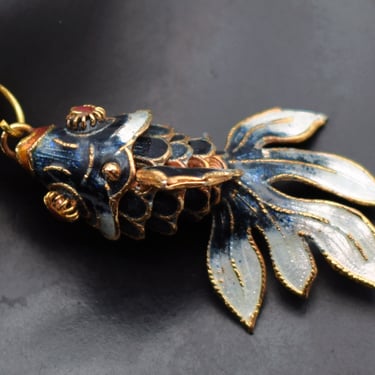 60's enamel gold plate fantail goldfish pendant, vibrant articulated cloisonne fish necklace 