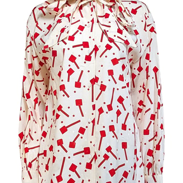 Tory Burch - Cream Jacquard Bow Blouse w/ Red Lollipop Print Sz 14