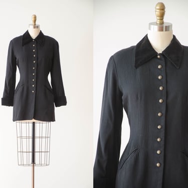 black blazer jacket | 90s vintage Express dark academia velvet collar brass button nipped wasp waist blazer 