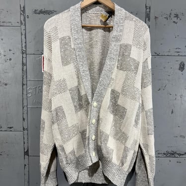 L 80s Checkered Cardigan Sweater Pattern Cream Beige Gray knit sweater size Large acrylic cotton Funky 