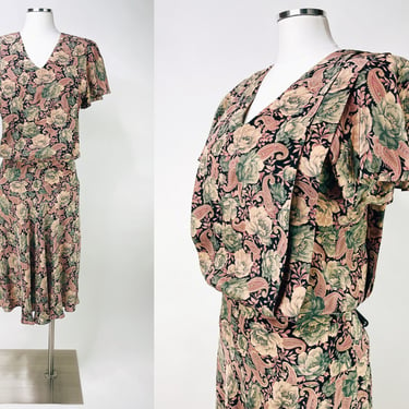 1980s Romantic Paisley Floral Drop Waist Dress by Barbara Barbara XS/S USA | Vintage, Rococo, Button Back, Butterfly Sleeve, Rayon, Unique 