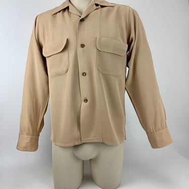 1940's Rayon Gabardine Shirt - Light Tan Gabardine - Flap Patch pockets - Loop Collar - Men's Size Small 