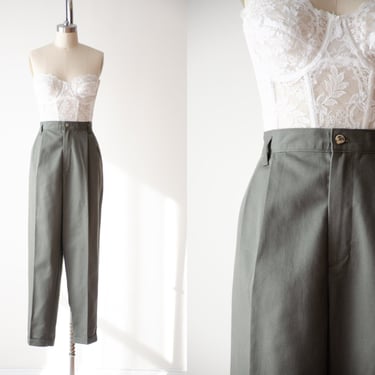 high waisted pants | 80s 90s vintage olive forest green dark academia pleated khaki trousers 