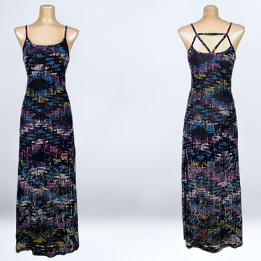 VINTAGE 90s Y2K Digital Print Stretch Mesh Maxi Dress With Strappy Back | 1990s Layered Mesh Grunge Cocktail Party Dress Rave Club Kid | VFG 
