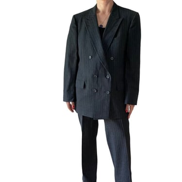 Vintage Christian Dior Gray Wool Pin Stripe Double Breasted Blazer Pant Set 