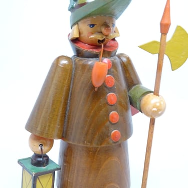 Vintage German Smoker Incense Burner, Hand Painted Wood, Watchman with Lantern, Pipe, Original Erzgebirge 
