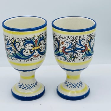 Vintage Pair of  Italy Deruta Pottery Goblets Floral "Ricco" Pattern Italian Pottery- 6" 