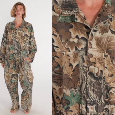 Walls Camo Jumpsuit Y2k Camouflage Coveralls Army Hunting Military Pantsuit Leaf Print Boilersuit Long Sleeve Vintage 00s Extra Large xl 